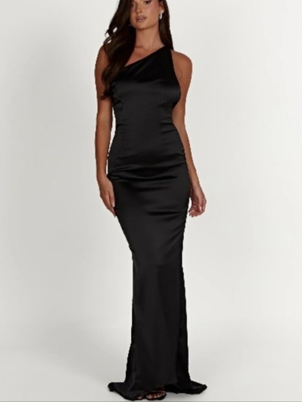 NEW Meshki Harper One Shoulder Gown Black  Satin finish  Floor-length Train Sz M